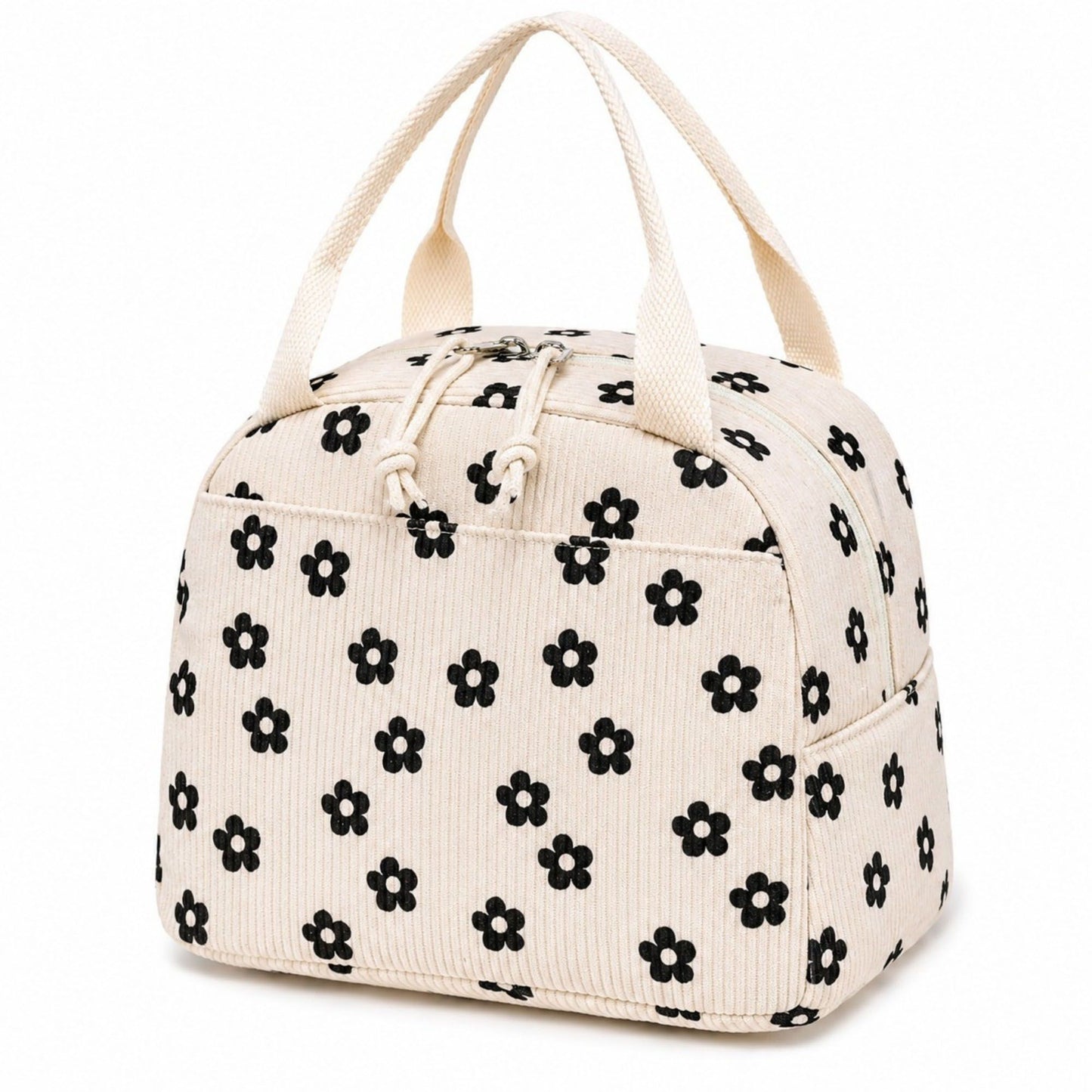Strawberry Print Corduroy Insulated Lunch Bag with Handles and Zip Closure