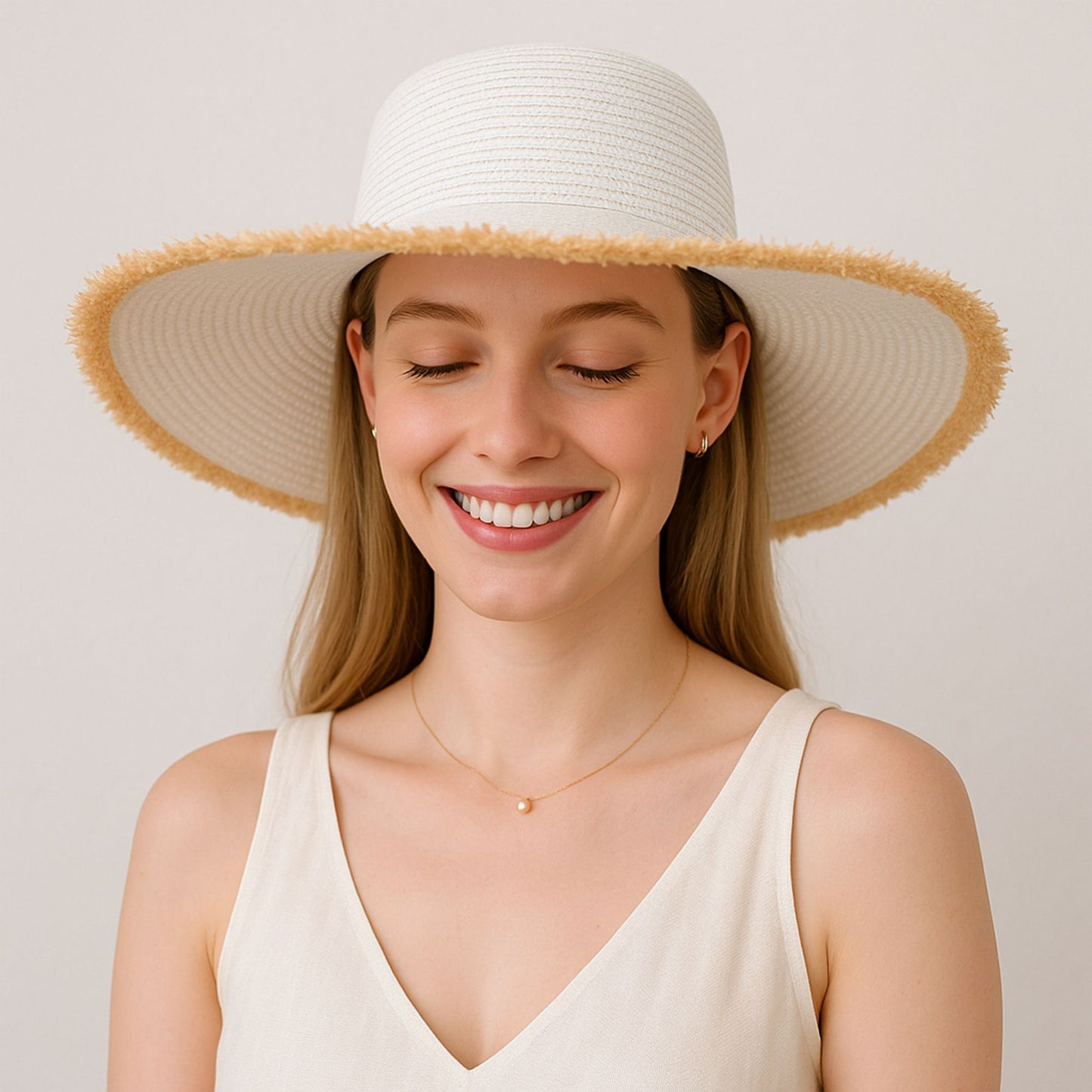 Wide Brim Straw Floppy Hat with Frayed Edges Lightweight Sun Protection for Beach Vacation Outdoor Travel Style