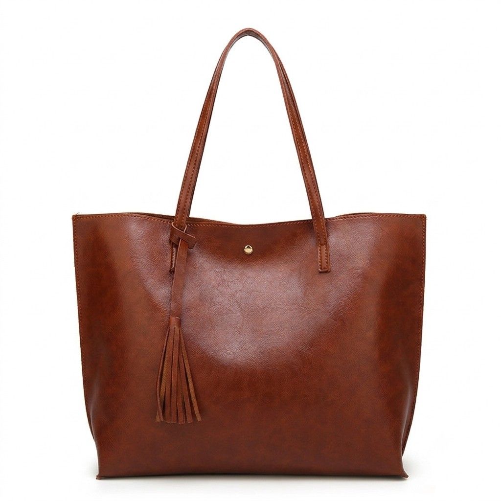 Large Faux Leather Shoulder Tote Bag with Tassel and Magnetic Snap Closure