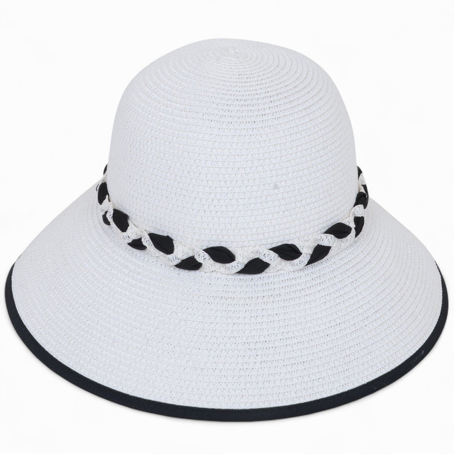 Women's Wide Brim Straw Hat with Braided Band and Contrast Bow Detail