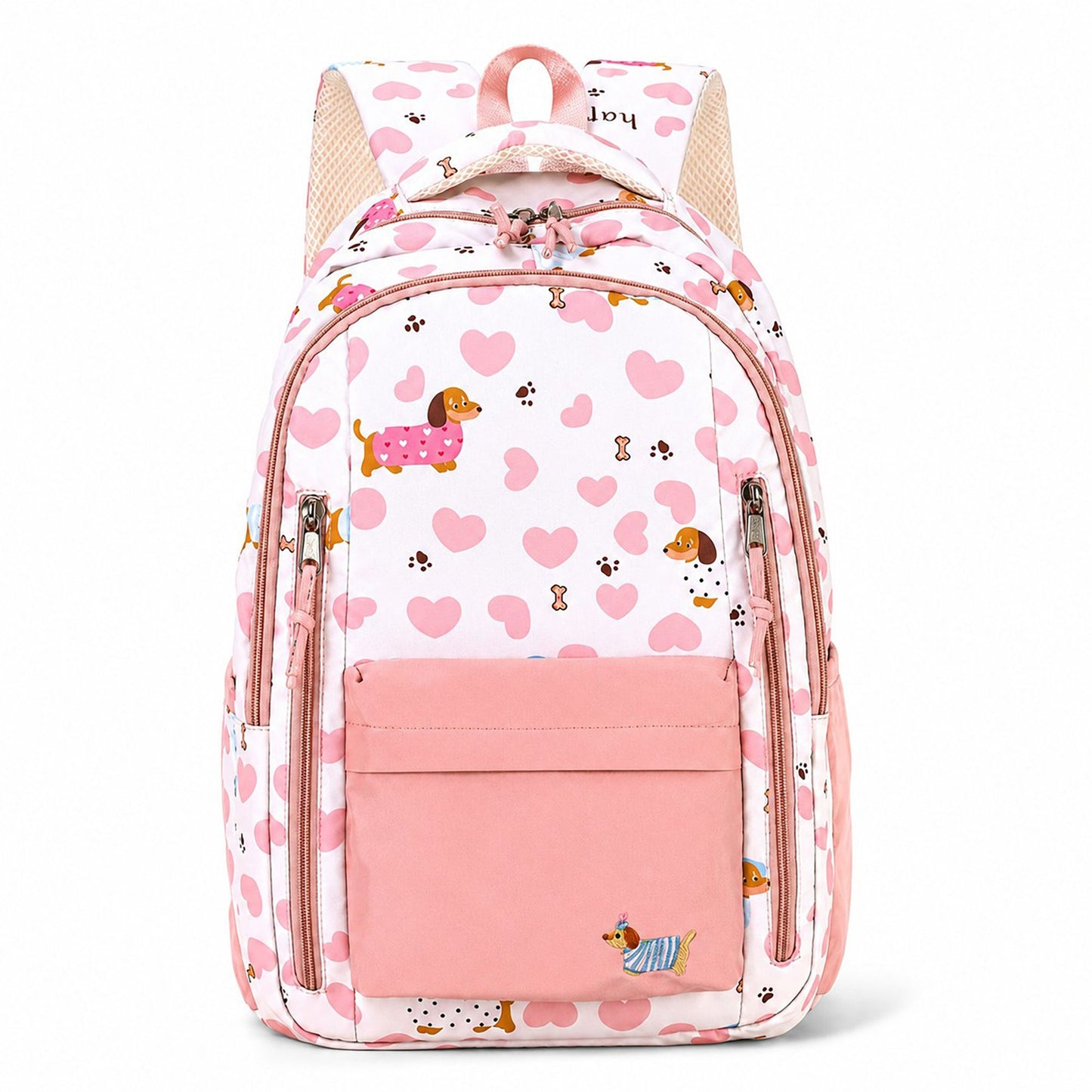 Dog Print School Backpack with Multiple Zip Pockets