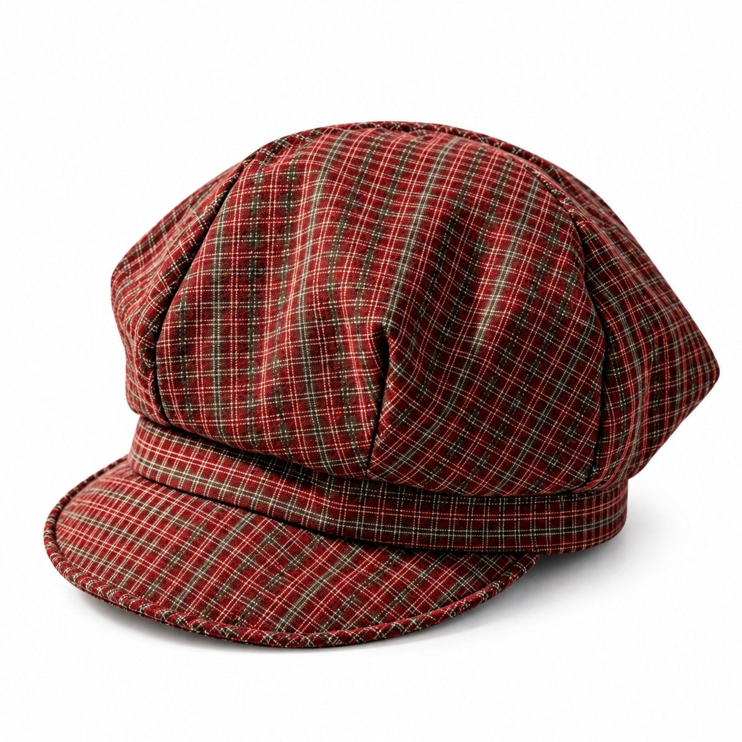 Plaid Newsboy Cap with Paneled Crown and Short Brim