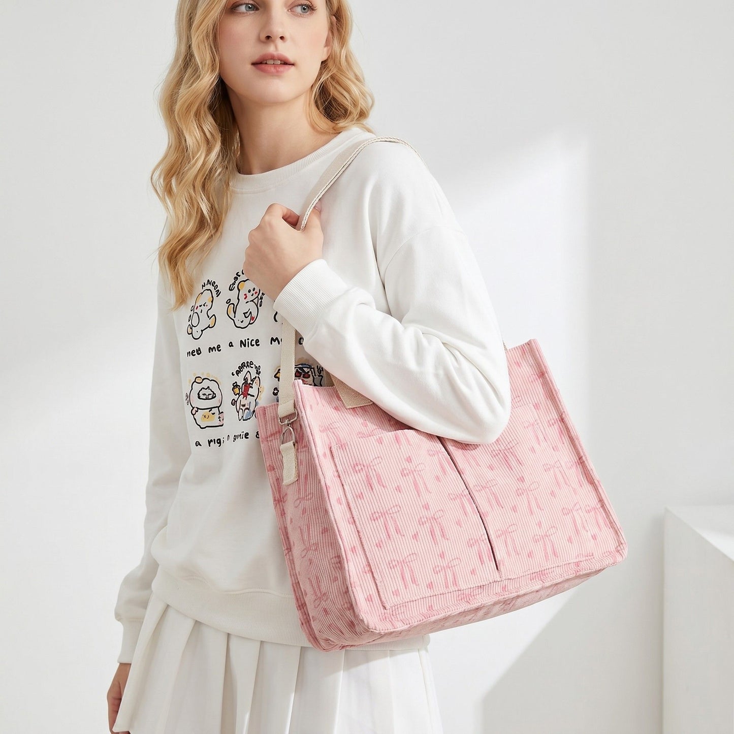 Canvas Tote Bag with Bow Print Large Capacity Lightweight Adjustable Shoulder Bag