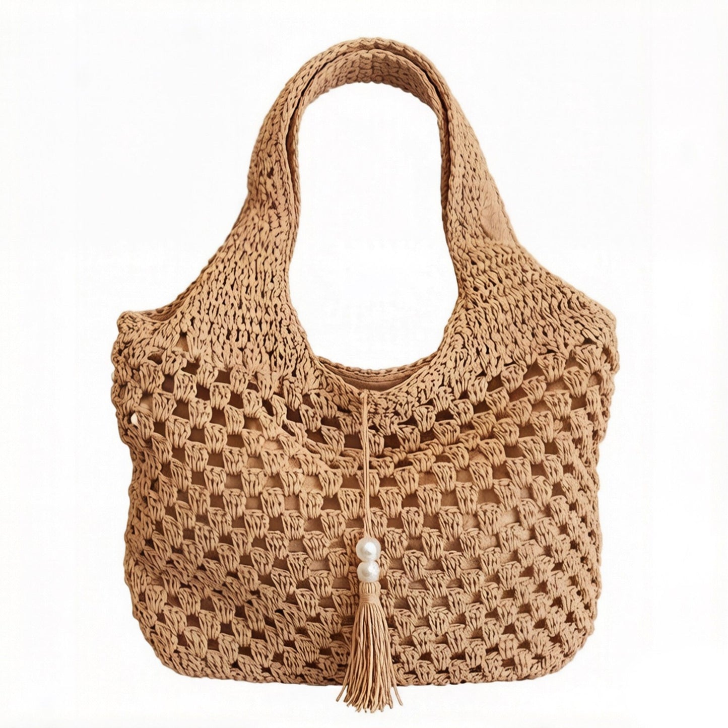 Crochet Shoulder Bag with Tassel Detail Soft Knit Handbag Lightweight Casual Everyday Tote