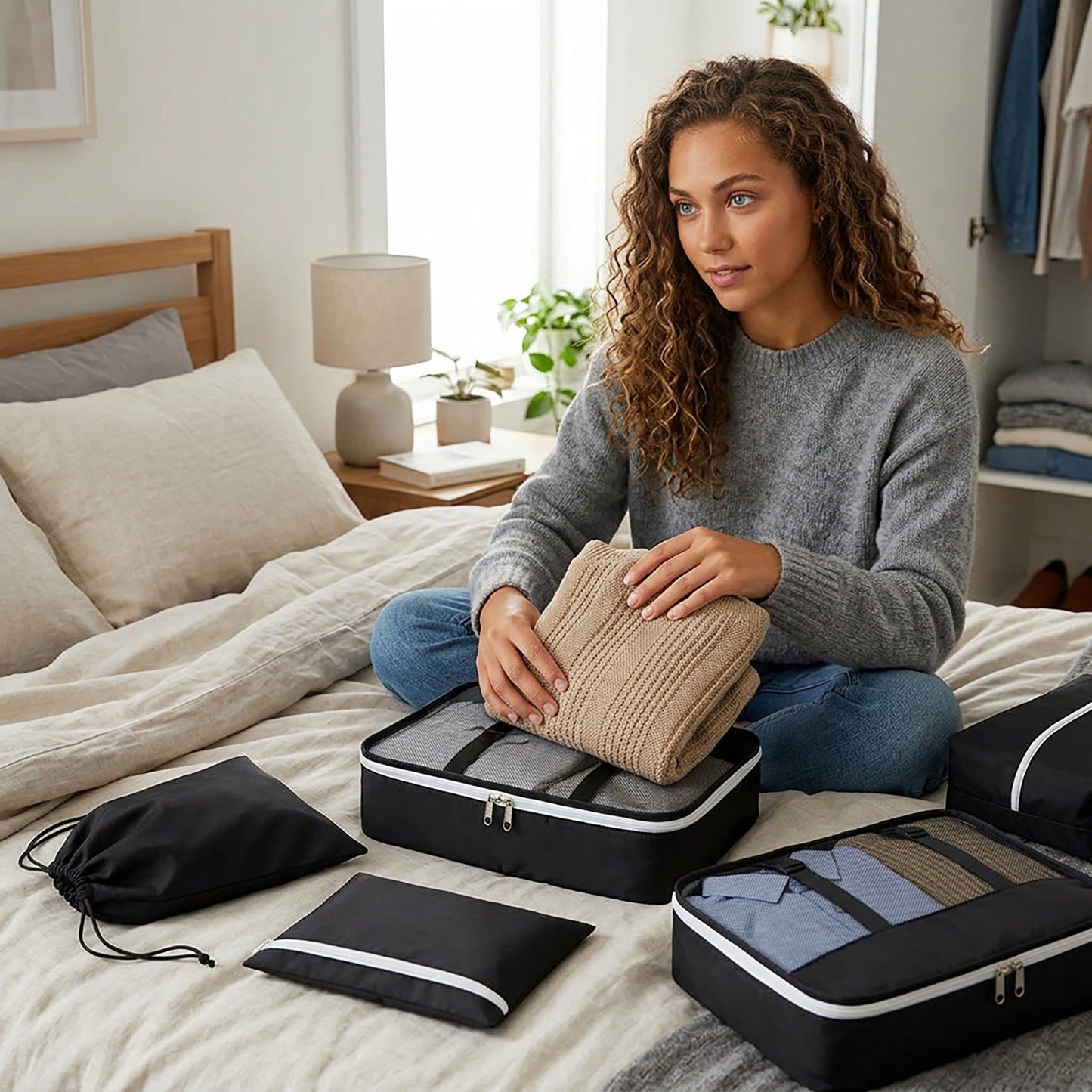 Travel Packing Cube Set with Mesh Organizer Bags Zipper Pouches Drawstring Storage Lightweight Luggage Set