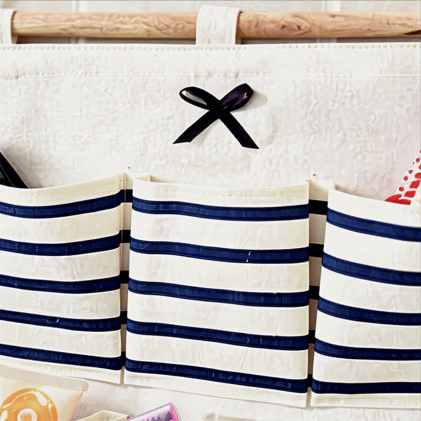 Hanging Wall Organizer with Navy Striped Pockets and Wooden Hanger 19.3x13.5 in