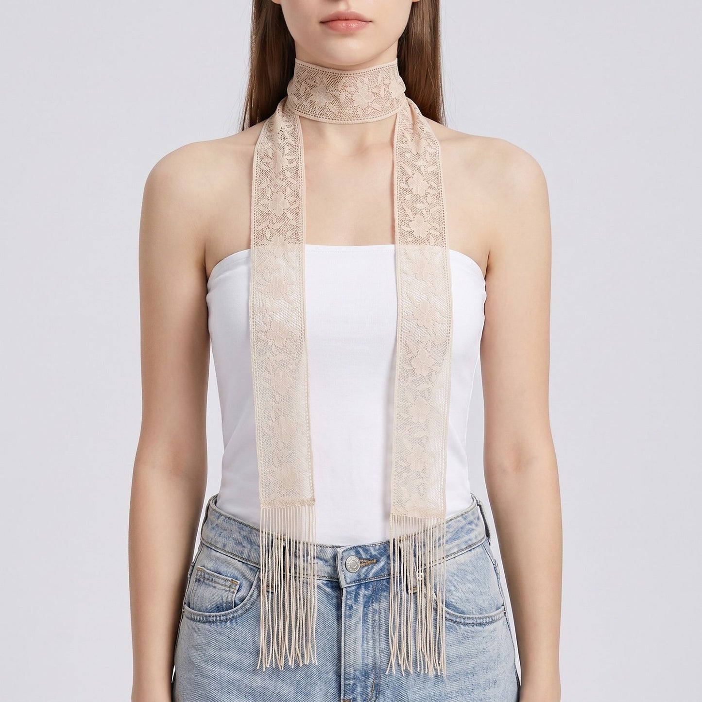 Lace Skinny Scarf with Floral Pattern Fringe Trim and Long Neck Tie Design