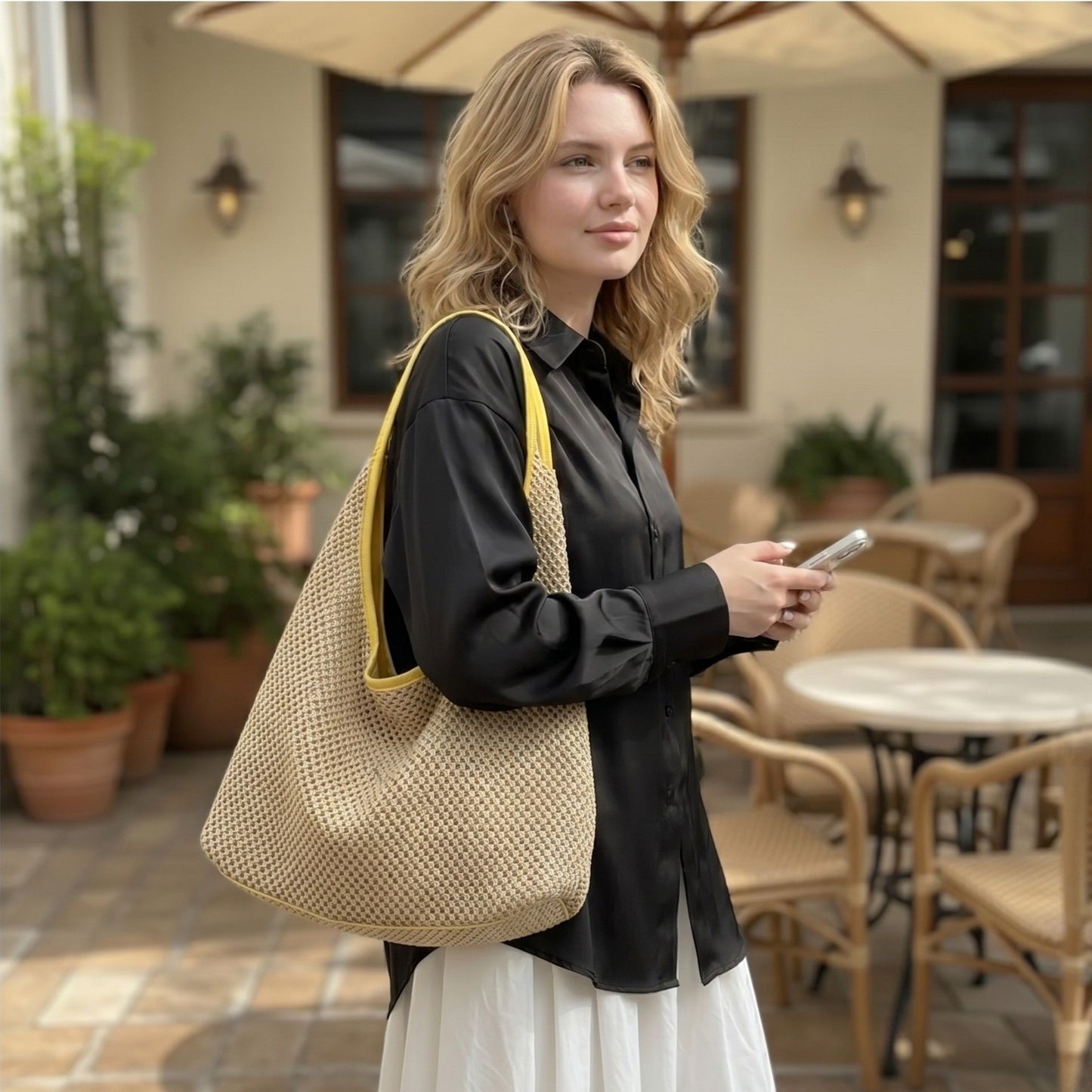 Woven Straw Hobo Shoulder Bag with Smooth Strap Lightweight Crochet Knit Slouchy Tote Bag