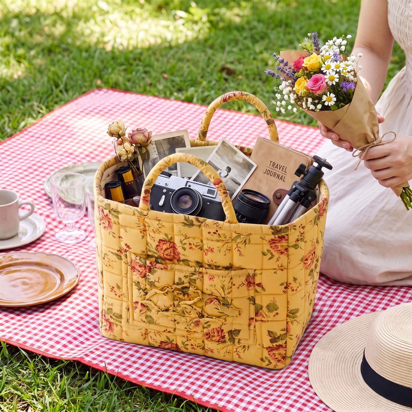 Quilted Floral Storage Basket with Handles and Front Pocket