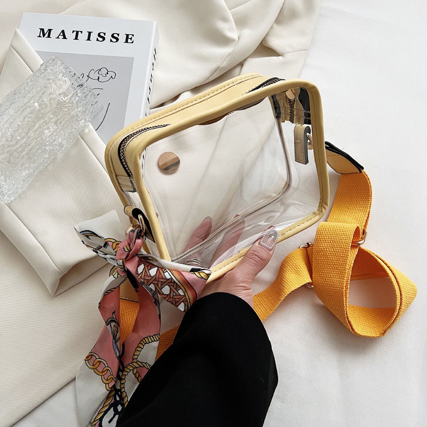 Women's Chic Transparent Crossbody & Messenger Bags with Decorative Scarf