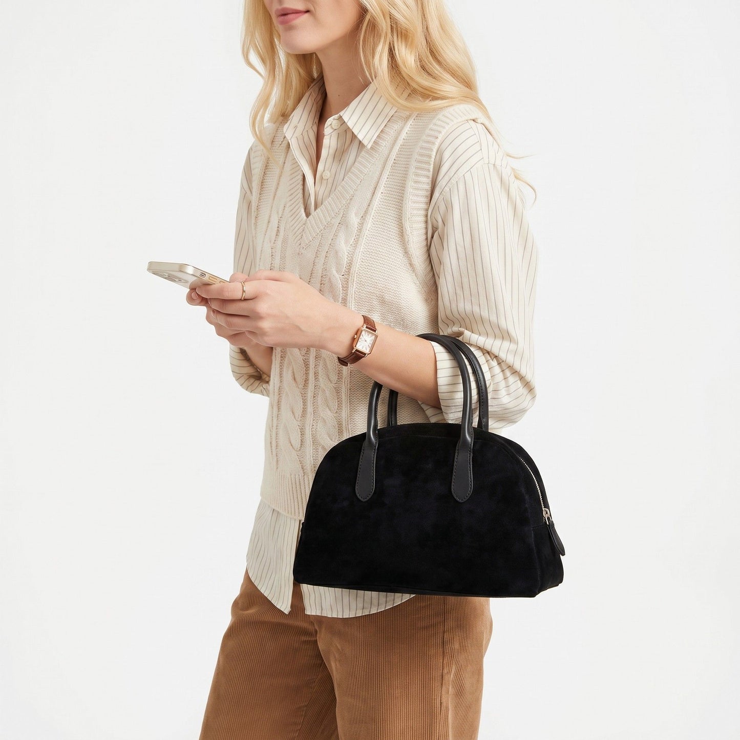 Faux Suede Satchel Bag with Double Handles Zip Closure and Interior Pockets