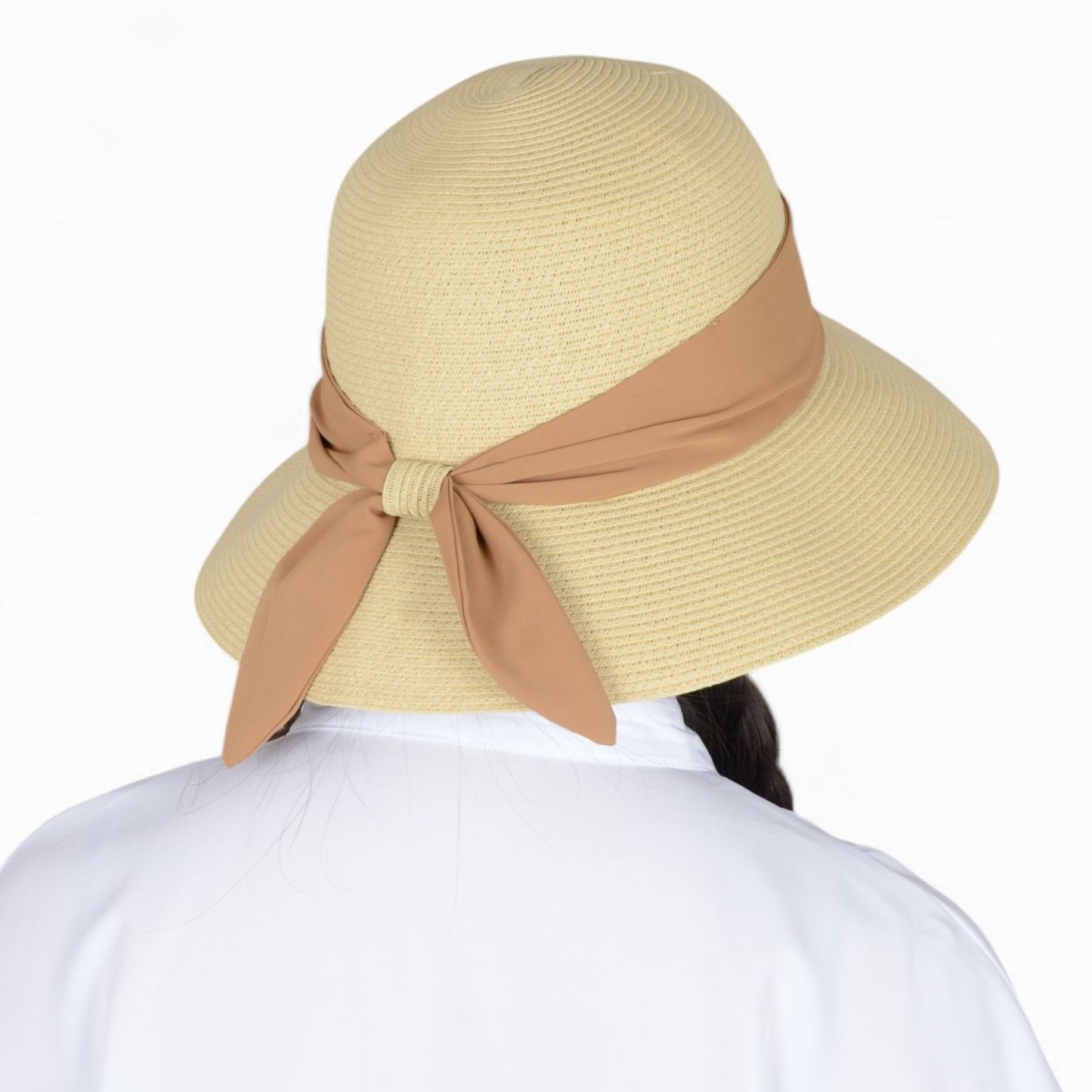 Women's Woven Floppy Sun Hat with Wide Ribbon Knot Detail and Curved Brim