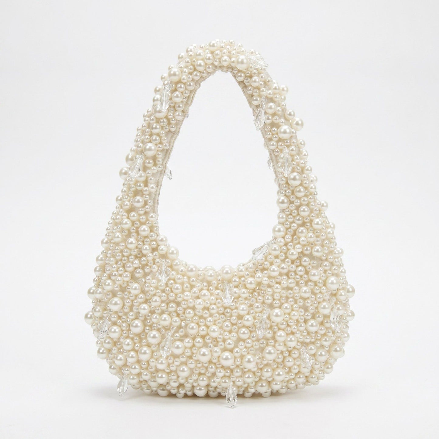 Faux Pearl Embellished Shoulder Bag with Crystal Accents Hand Beaded Crescent Handbag 10x2x13.7 in