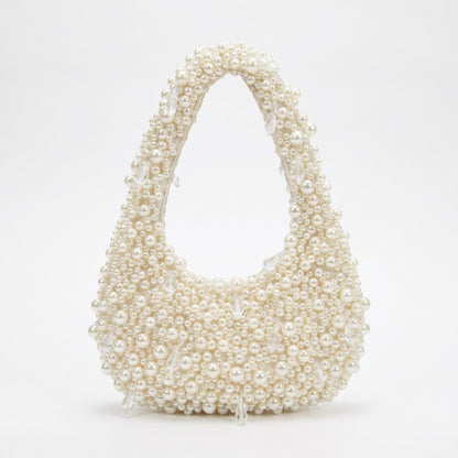 Faux Pearl Embellished Shoulder Bag with Crystal Accents Hand Beaded Crescent Handbag 10x2x13.7 in
