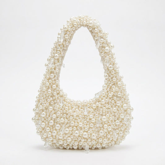 Faux Pearl Embellished Shoulder Bag with Crystal Accents Hand Beaded Crescent Handbag 10x2x13.7 in
