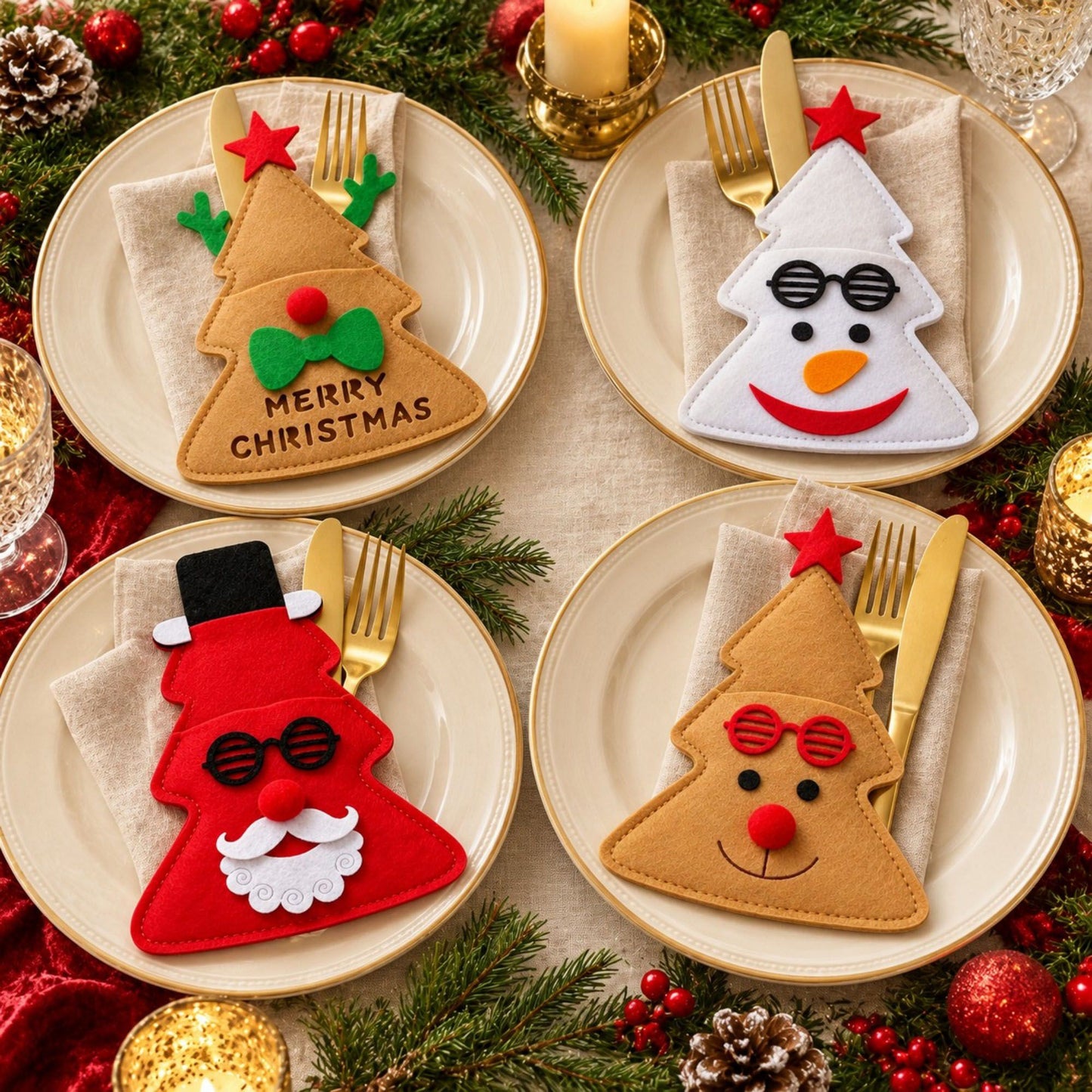 4pk Christmas Tree Santa Silverware Holders