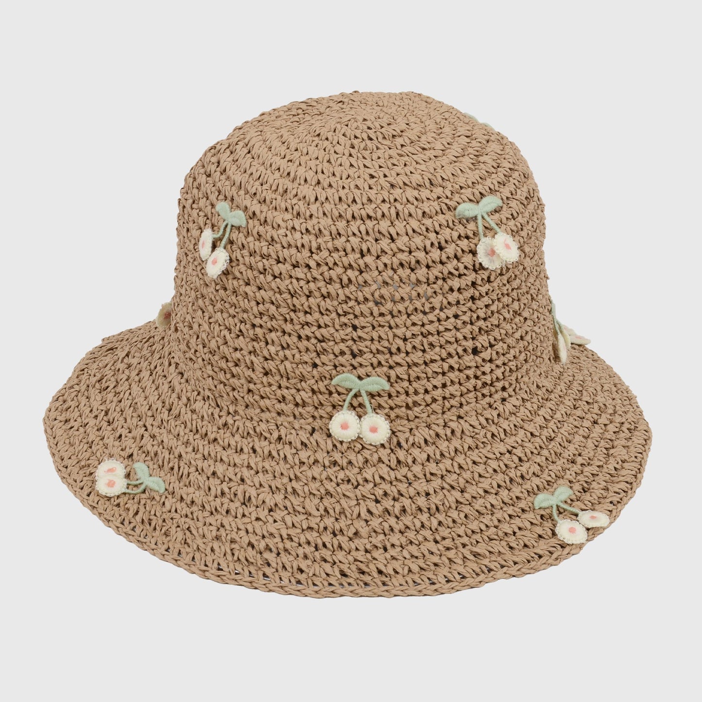 Straw Bucket Hat with Cherry Embellishments