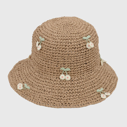 Straw Bucket Hat with Cherry Embellishments