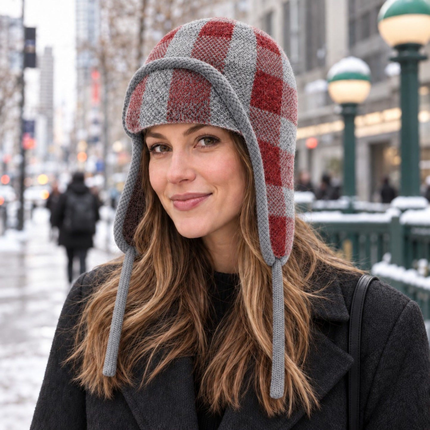 Plaid Ear Flap Knit Beanie Winter Thermal Trapper Hat
