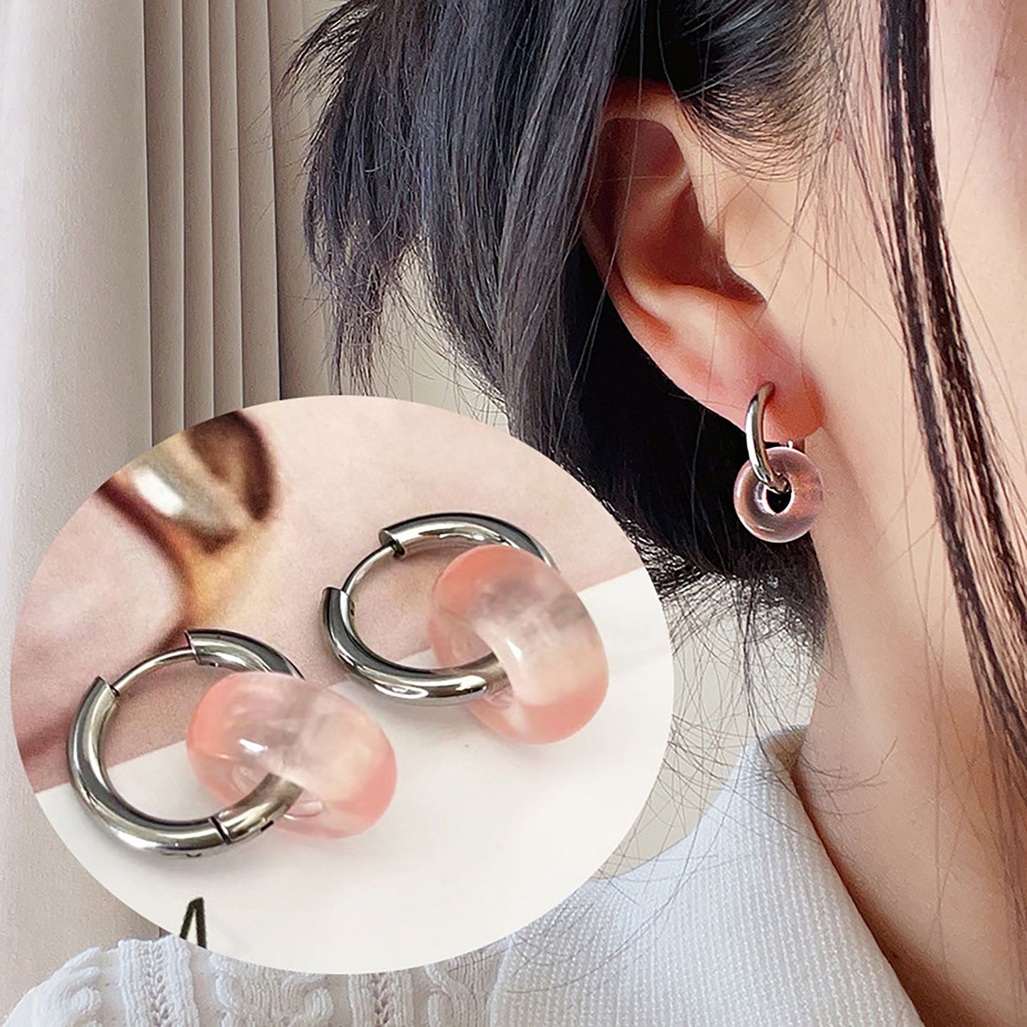 Women's Huggie Hoop Earrings with Gemstone Drop - Edgy Minimalist Statement Earrings