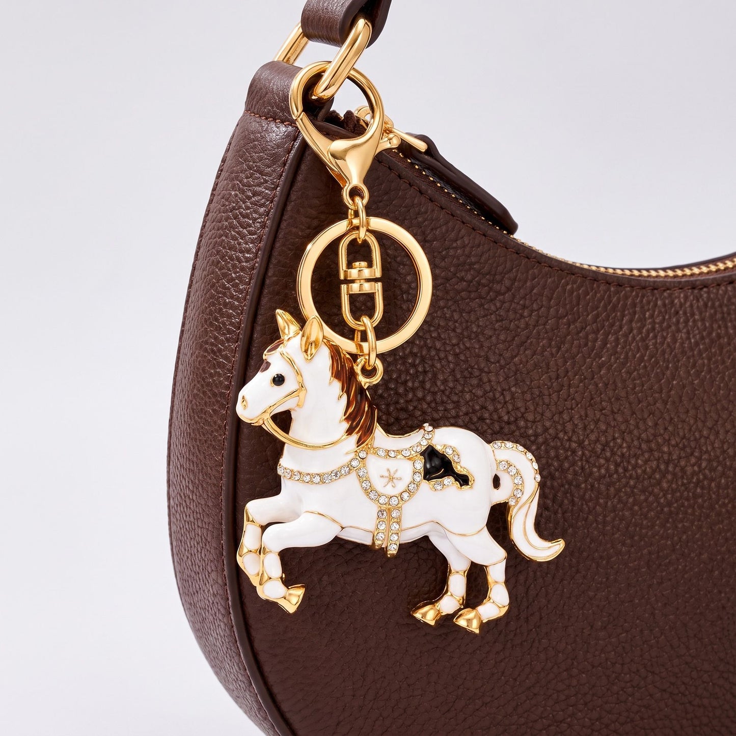 Horse Rhinestone Keychain Bag Charm with Gold Tone Clasp and Key Ring