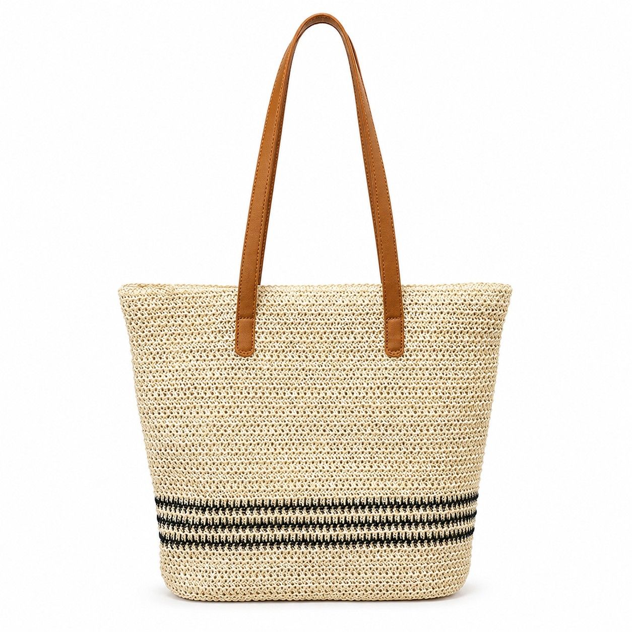 Striped Woven Tote Bag with Zip Closure Shoulder Handles and Interior Pocket