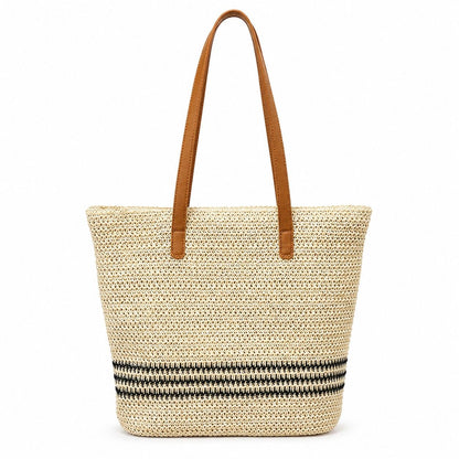 Striped Woven Tote Bag with Zip Closure Shoulder Handles and Interior Pocket