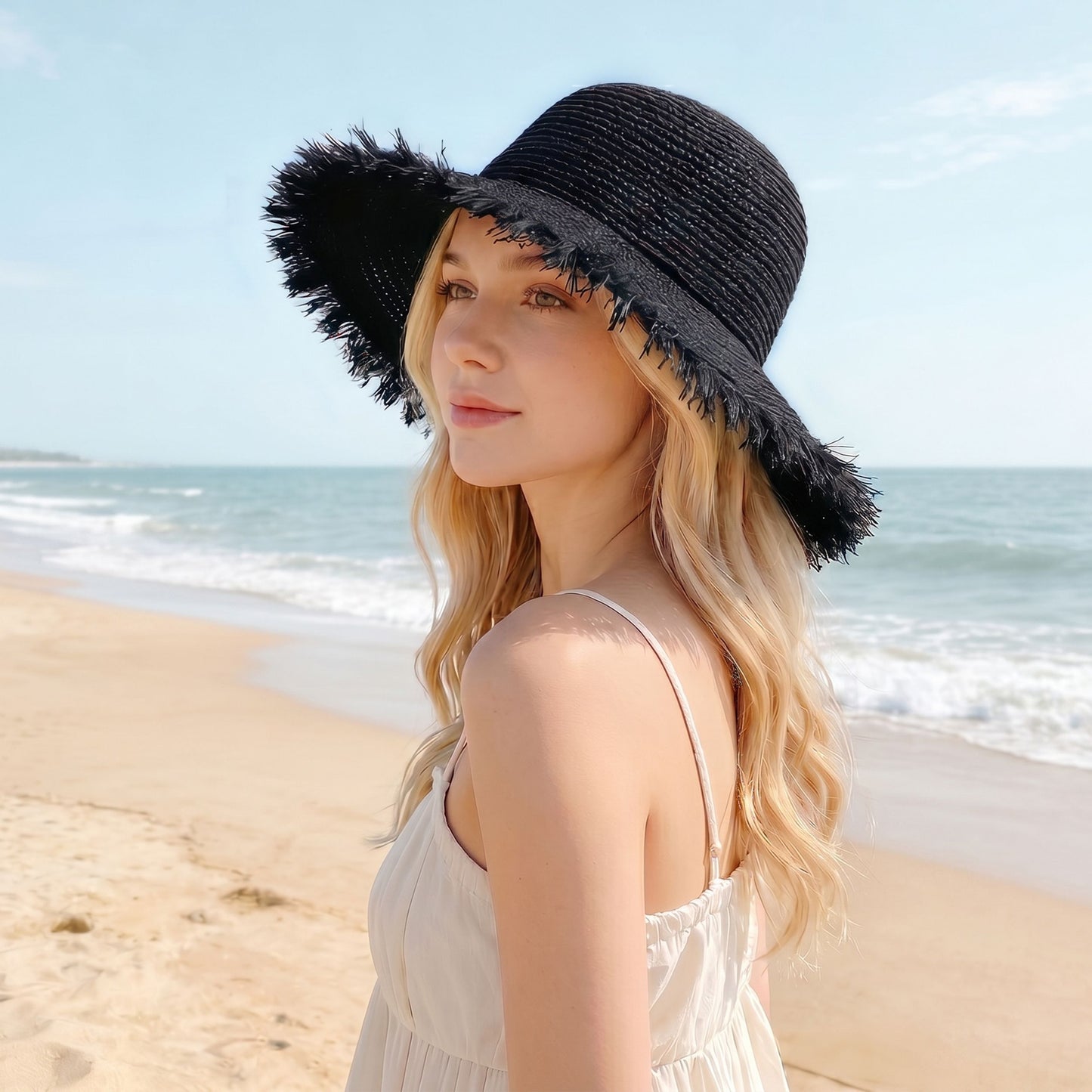 Straw Bucket Hat Frayed Edge Wide Brim Sun Hat Summer Beach UV Protection Cap