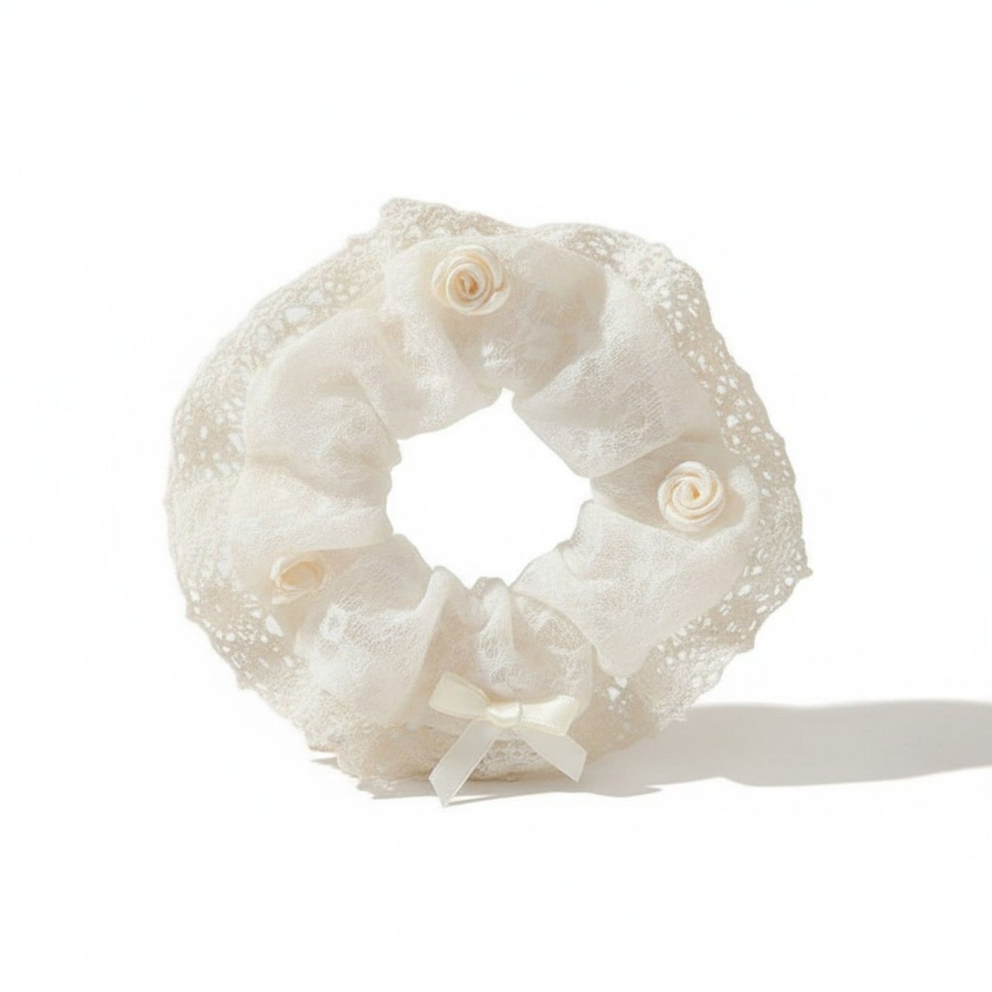 Sheer Organza Scrunchie with Embroidered Mini Roses and Soft Layered Design