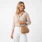 Round Woven Top Handle Crossbody Bag with Button Closure and Chain Strap