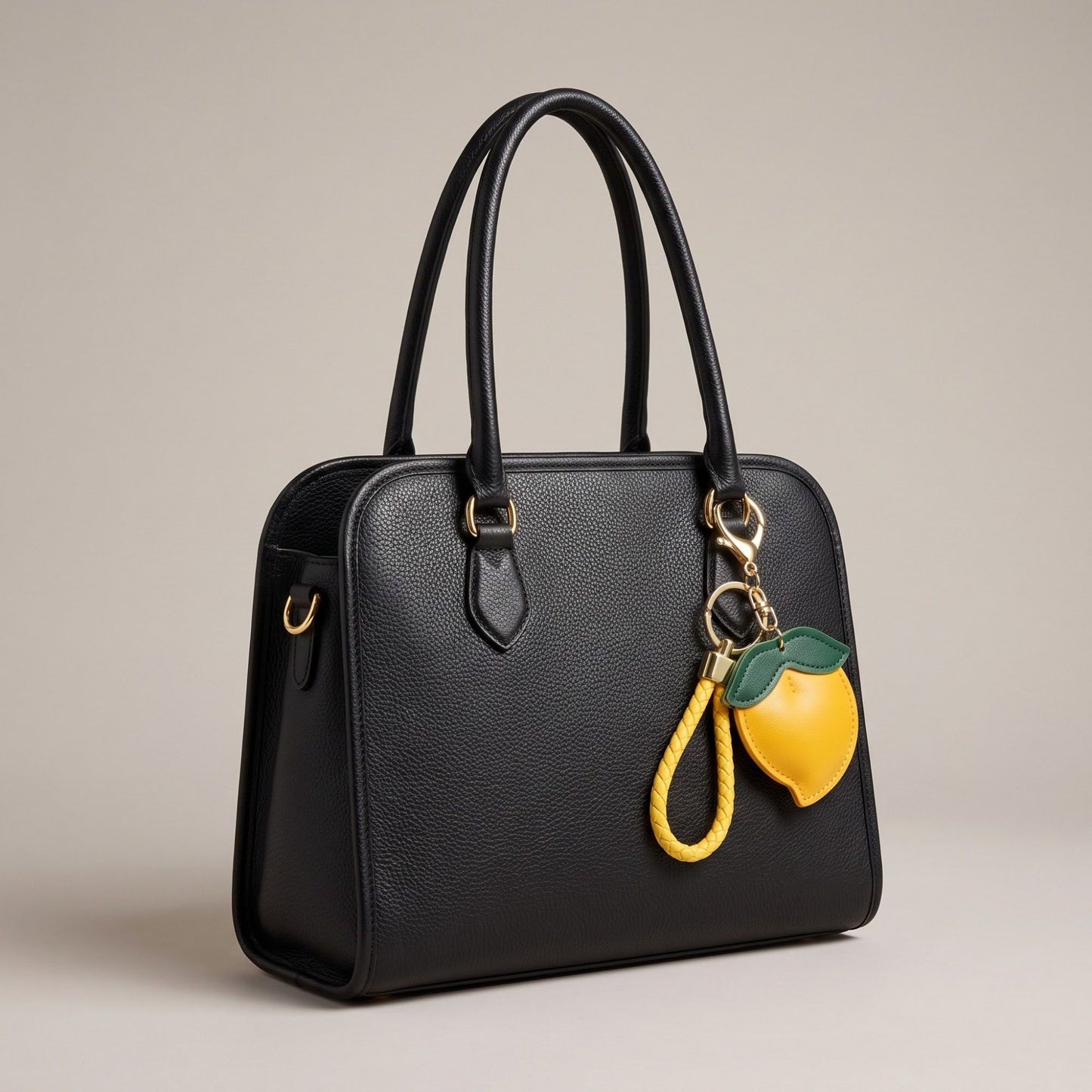 Peach Bag Charm with Braided Leather Loop and Gold Tone Hardware