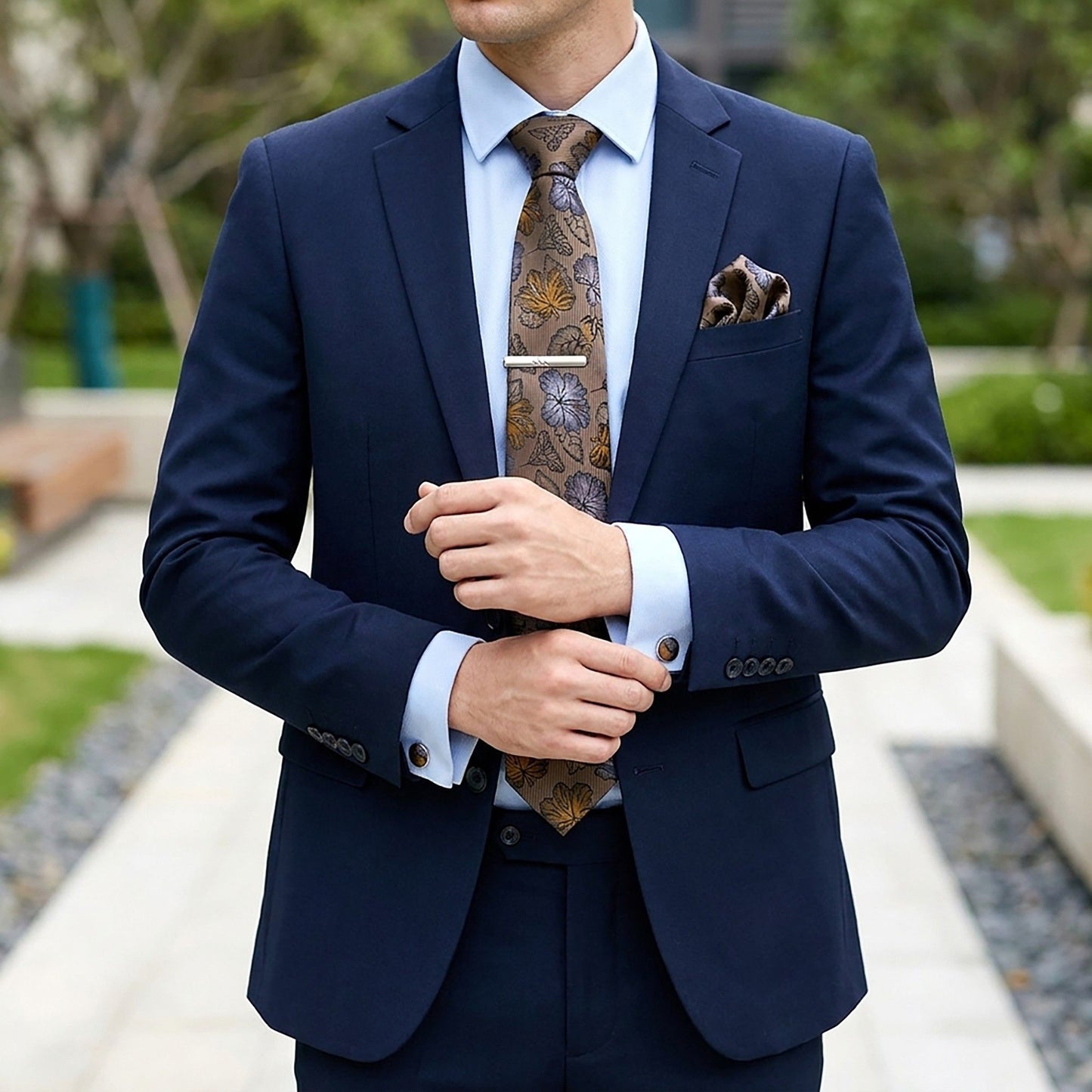 Men's Floral Pattern Tie Gift Set with Matching Pocket Square Cufflinks and Silver Tie Clip