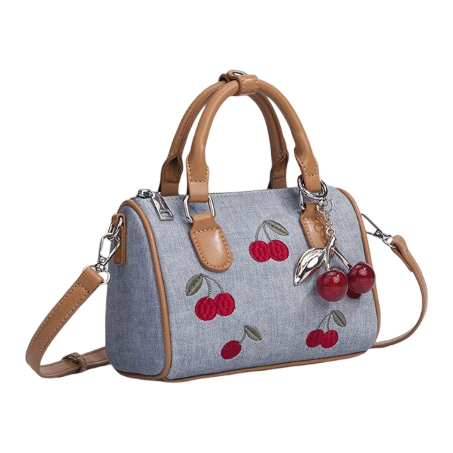 Denim Cherry Boston Handbag with Top Handles
