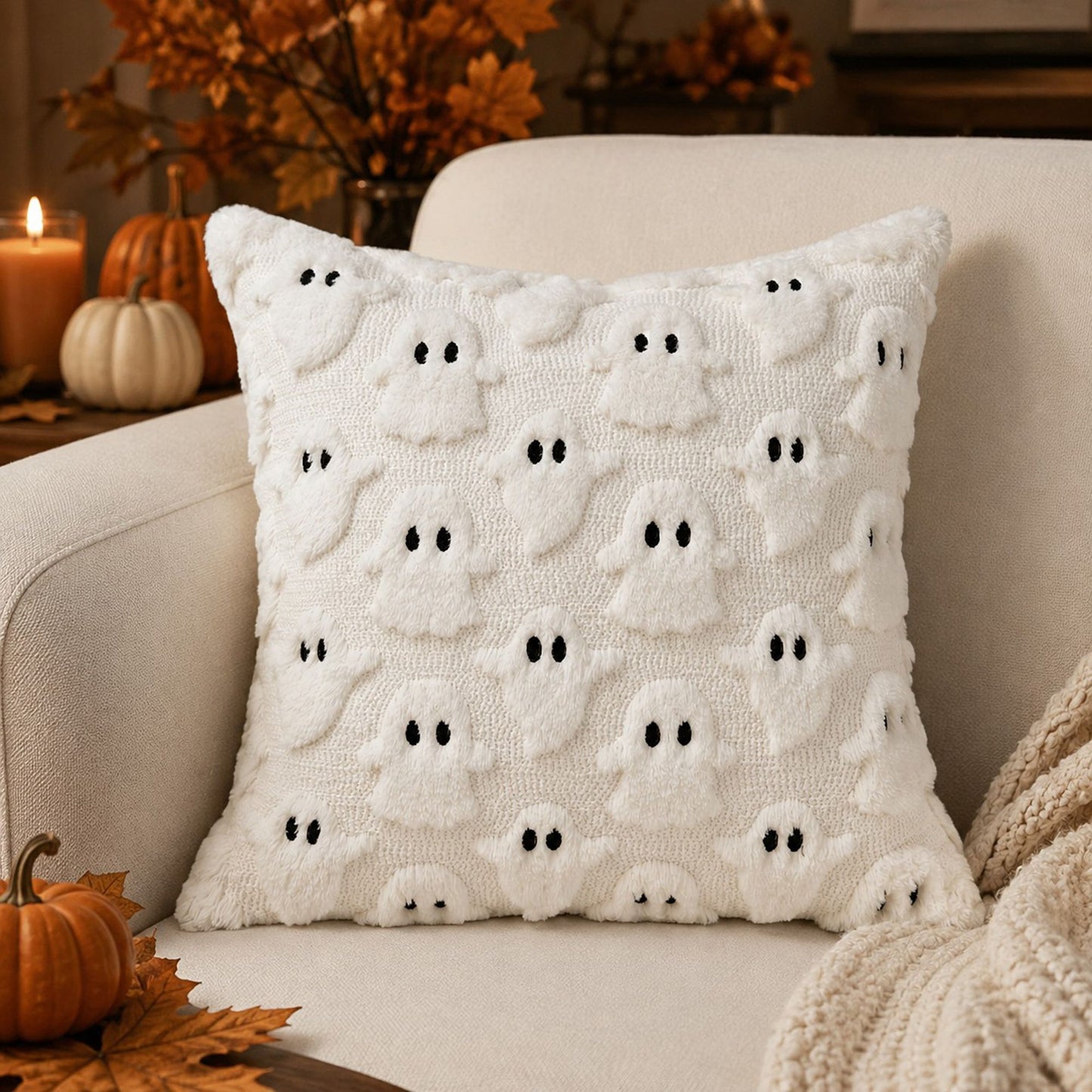 Halloween Ghost Textured Decorative Throw Pillow Cover for Sofa Bed Chair