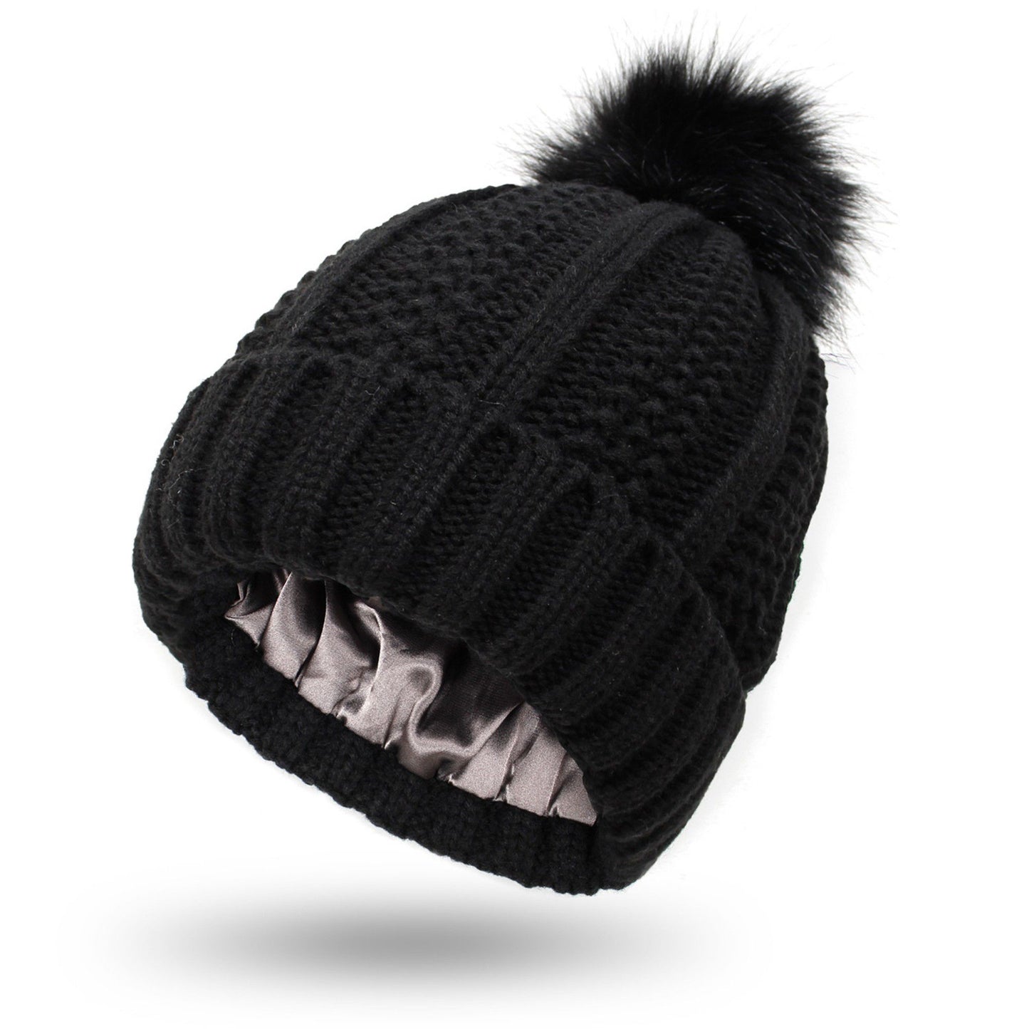Soft Knit Winter Beanie Hat with Satin-Lined Interior Ribbed Texture and Fluffy Pom Detail