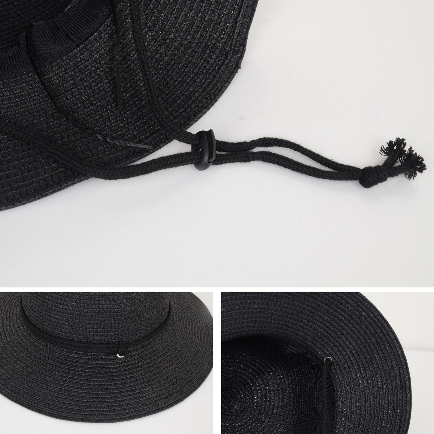 Wide Brim Straw Sun Hat with Chin Strap and Black Cord Detail for Outdoor Protection and Stylish Shade