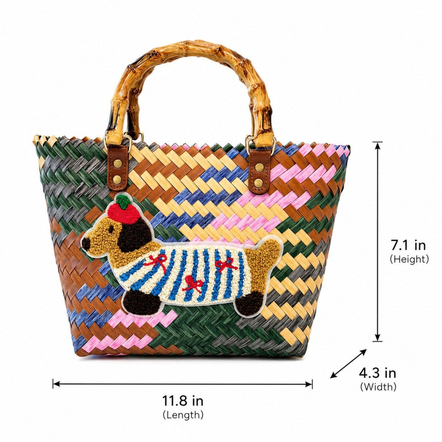 Woven Bamboo Handle Tote Handbag with Whimsical Dachshund Applique, Structured Shape and Roomy Interior