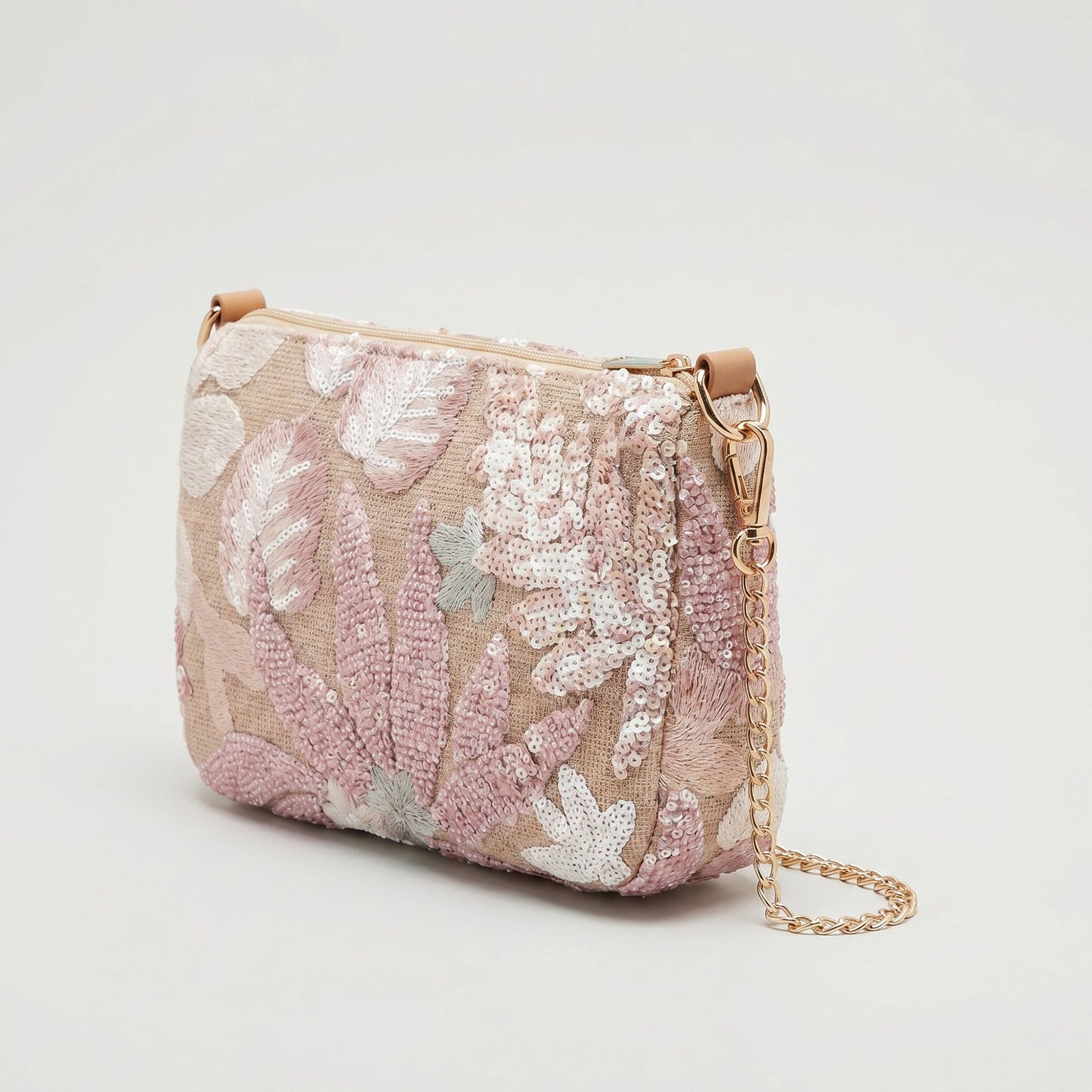 Floral Embroidered Sequin Shoulder Bag with Chain Strap Curved Silhouette