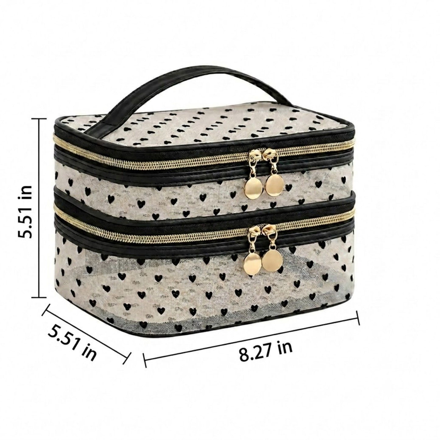 Two-Tier Cosmetic Organizer Bag with Heart Print Mesh Panels Gold Zippers and Carry Handle