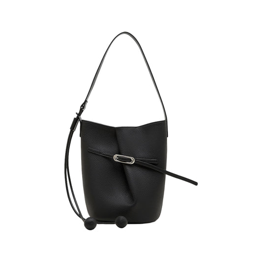 Pebbled Leather Bucket Shoulder Tote with Adjustable Buckle Accent and Open Top Design