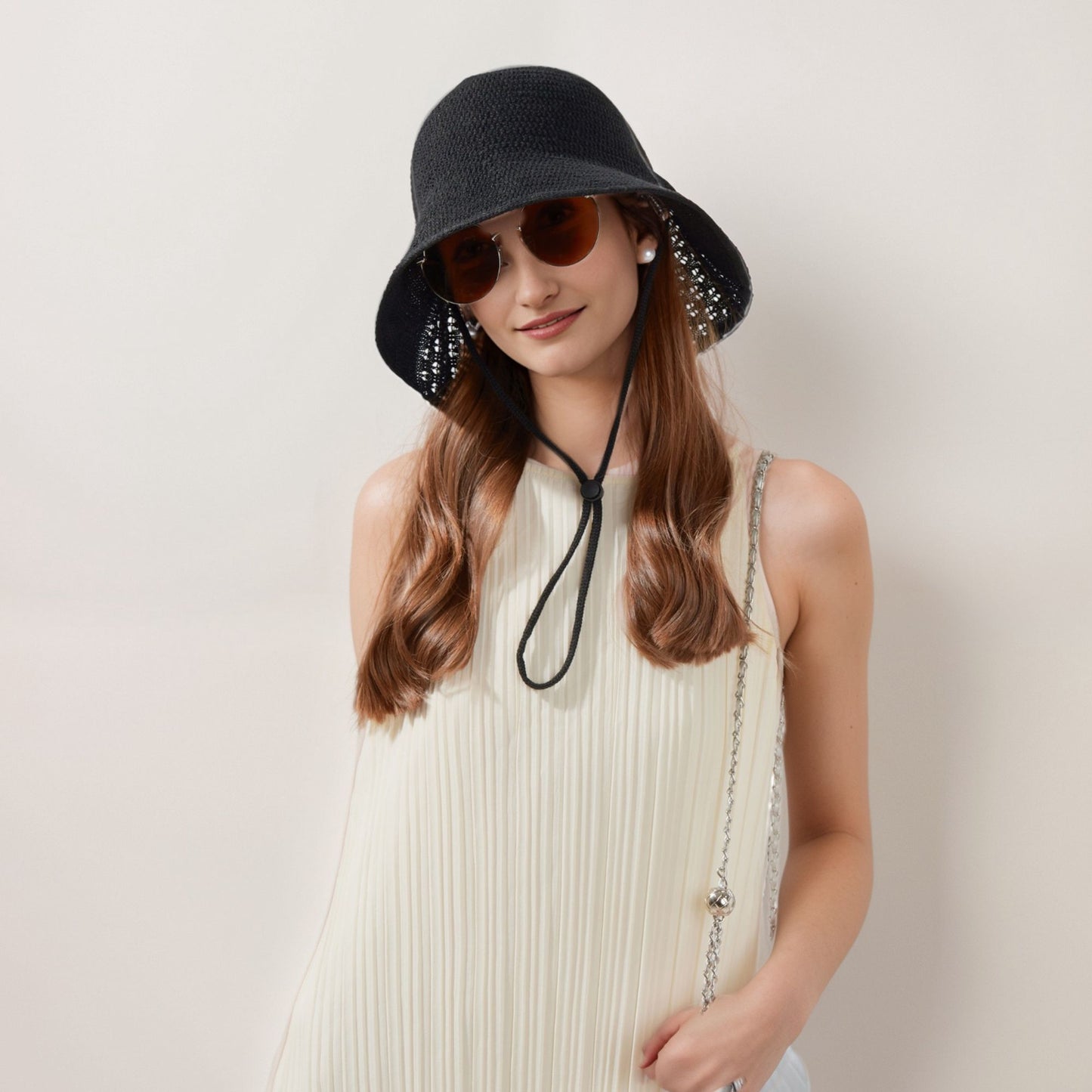 Crochet Bucket Hat with Adjustable Chin Strap and Back Button Eyelet Panel for Sun Protection
