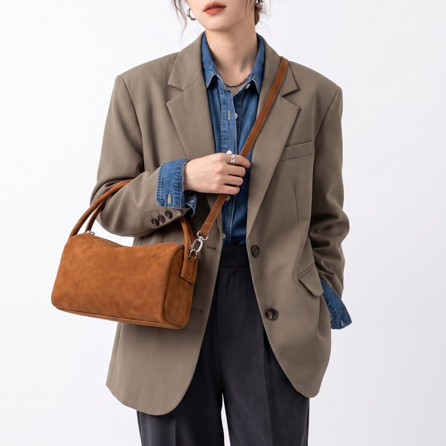 Faux Suede Satchel Bag with Detachable Crossbody Strap Beige