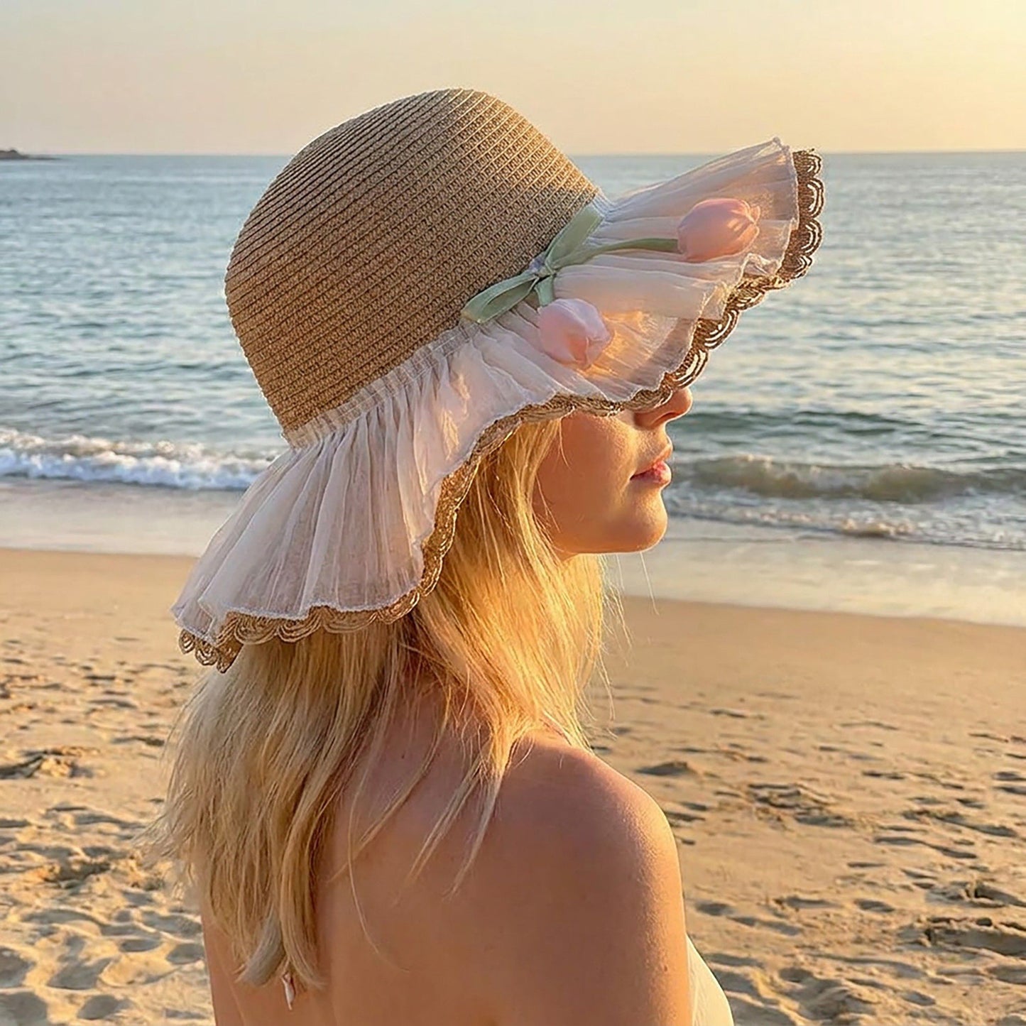 Wide Brim Straw Sun Hat with Pleated Sheer Brim Bow Accent and Floral Trim