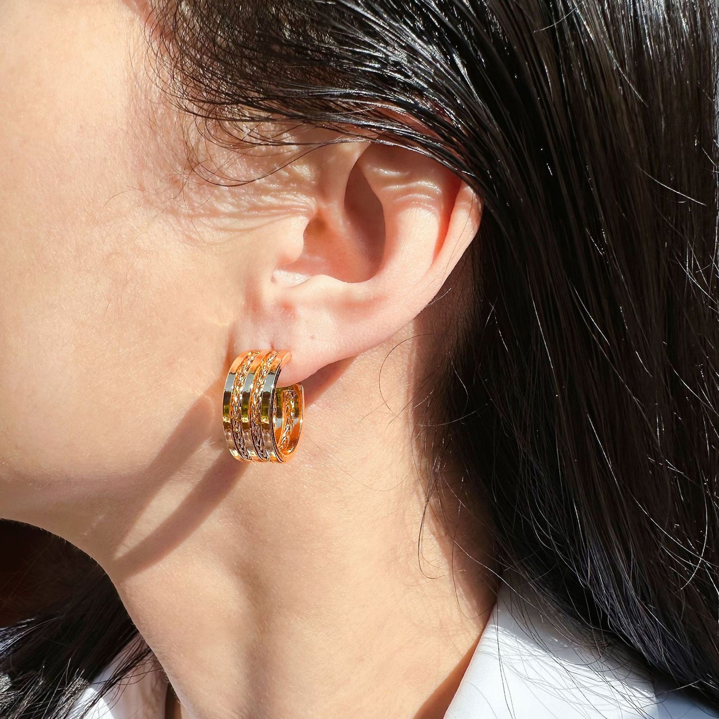 Women's Chain-Textured C-Hoop Earrings with 925 Silver Needles