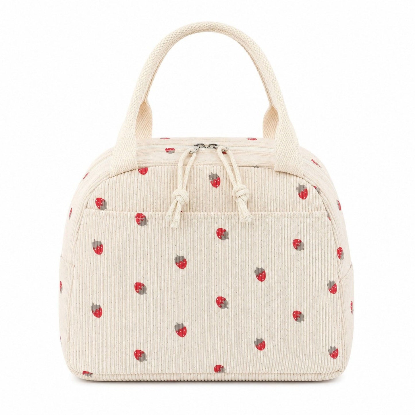 Strawberry Print Corduroy Insulated Lunch Bag with Handles and Zip Closure