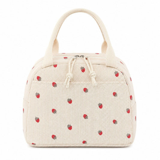 Strawberry Print Corduroy Insulated Lunch Bag with Handles and Zip Closure