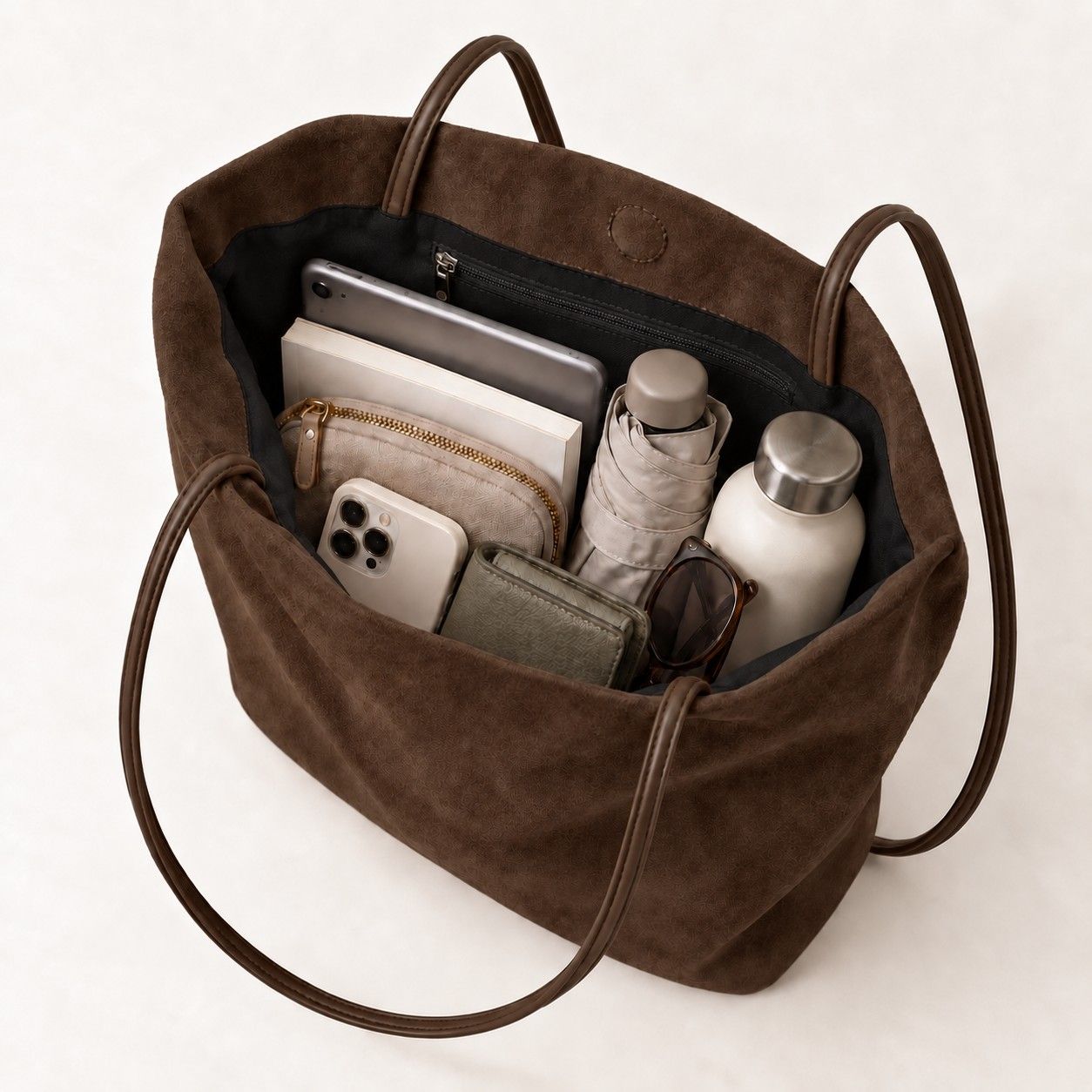 Faux Suede Tote Bag with Double Shoulder Handles Magnetic Closure and Interior Pockets
