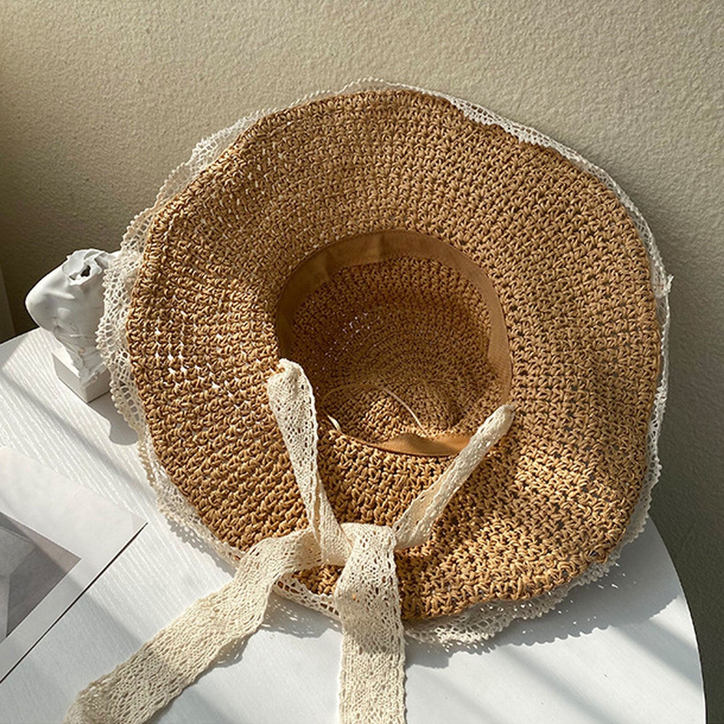 Crochet Straw Sun Hat with Lace Trim & Bow