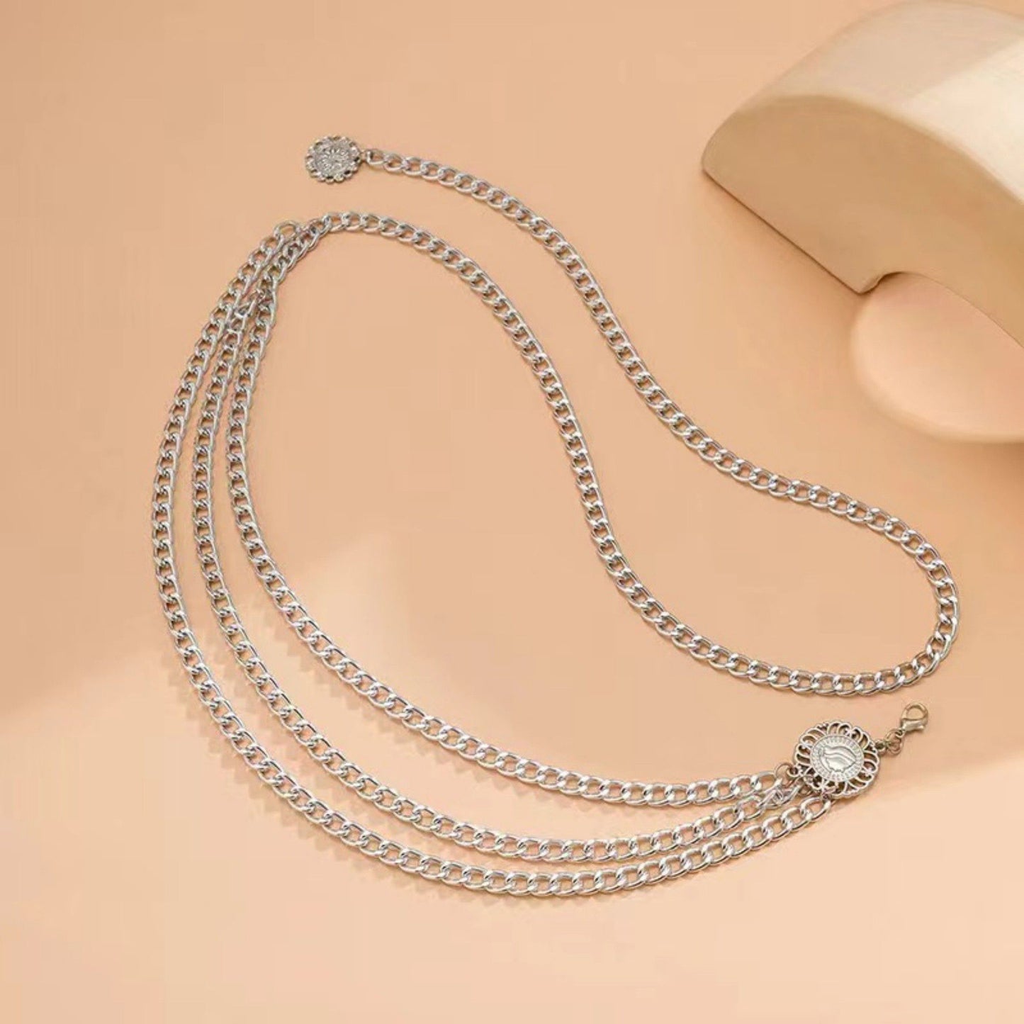 Layered Chain Waist Belt with Triple Draped Links and Decorative Medallion Accents for Stylish Detail 35.5in