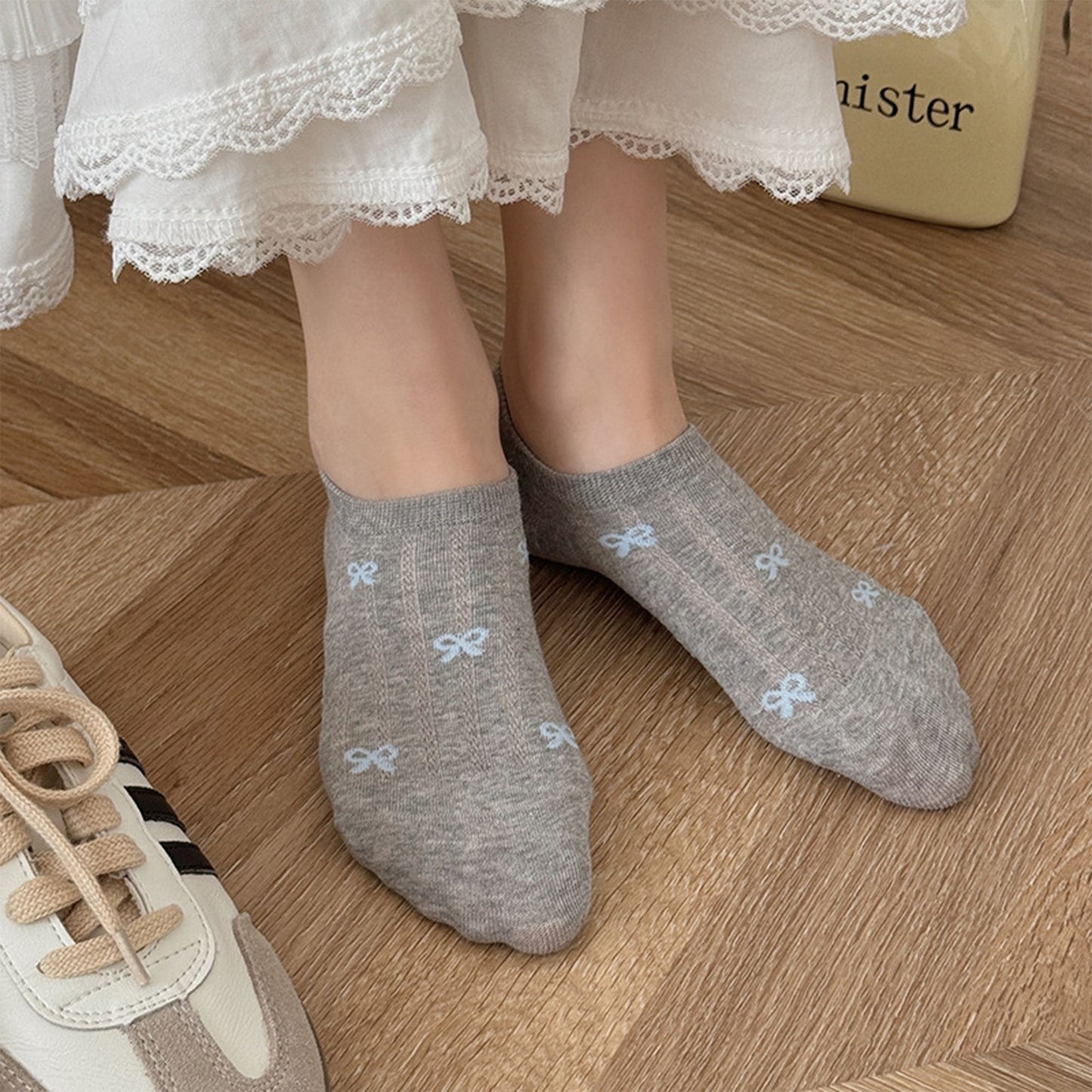 5 Pairs Bow Pattern Low Cut No Show Socks Breathable Mesh Knit Anti-Slip Design Multiple Color Options